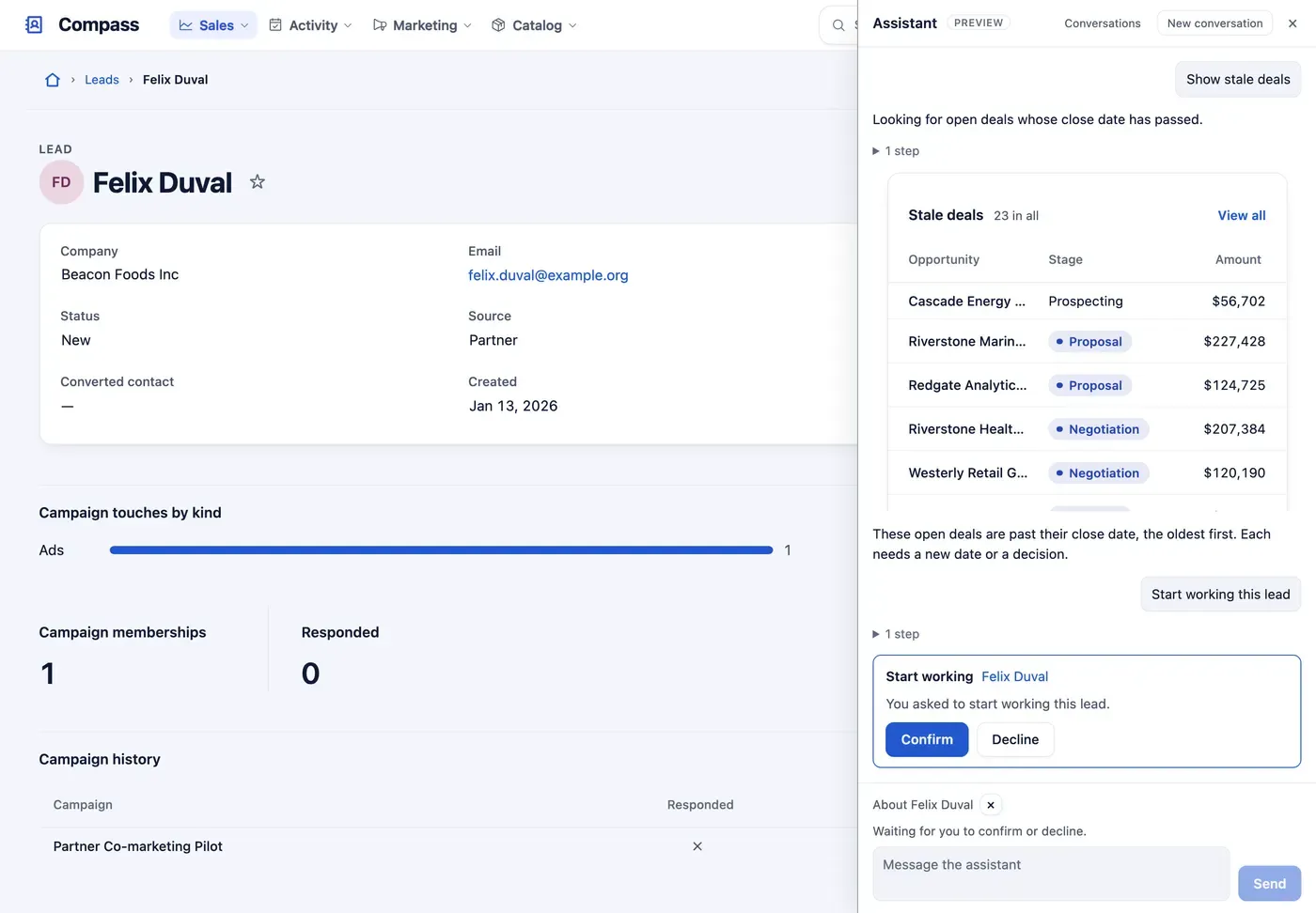 The assistant in the CRM test App, beside a lead: a table of stale deals, a folded step and a proposed change.