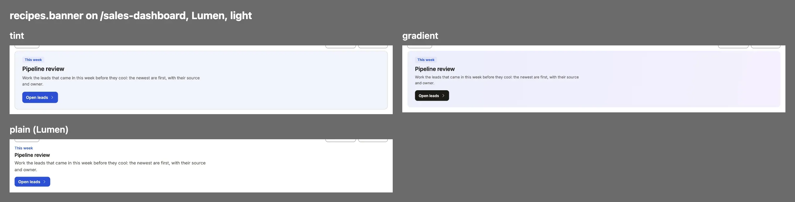 Each value of recipes.banner on Compass, one thumbnail apiece under its name.