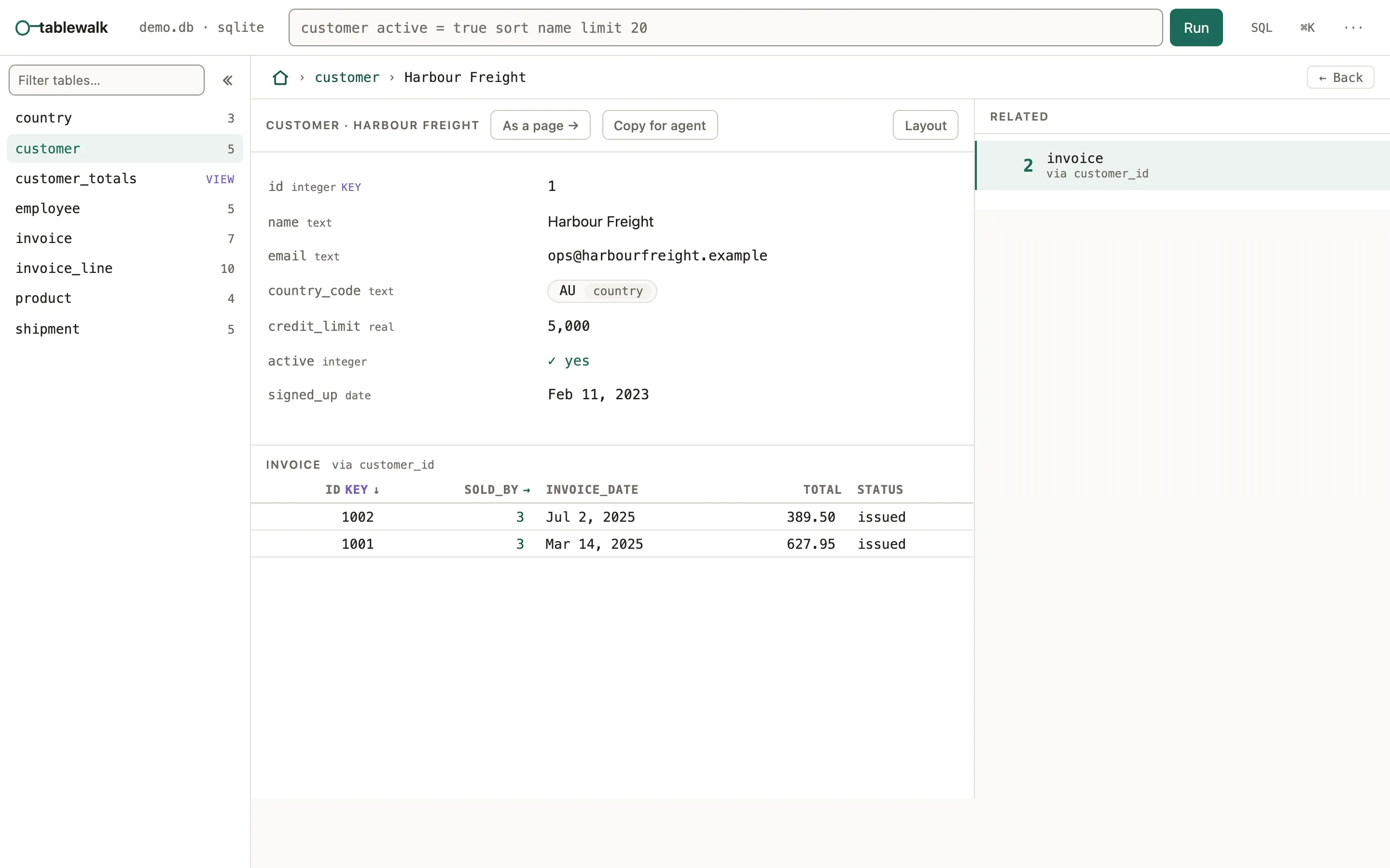 A customer record in the database browser: its fields, the invoices that point at it, and a rail of every table that refers to it.