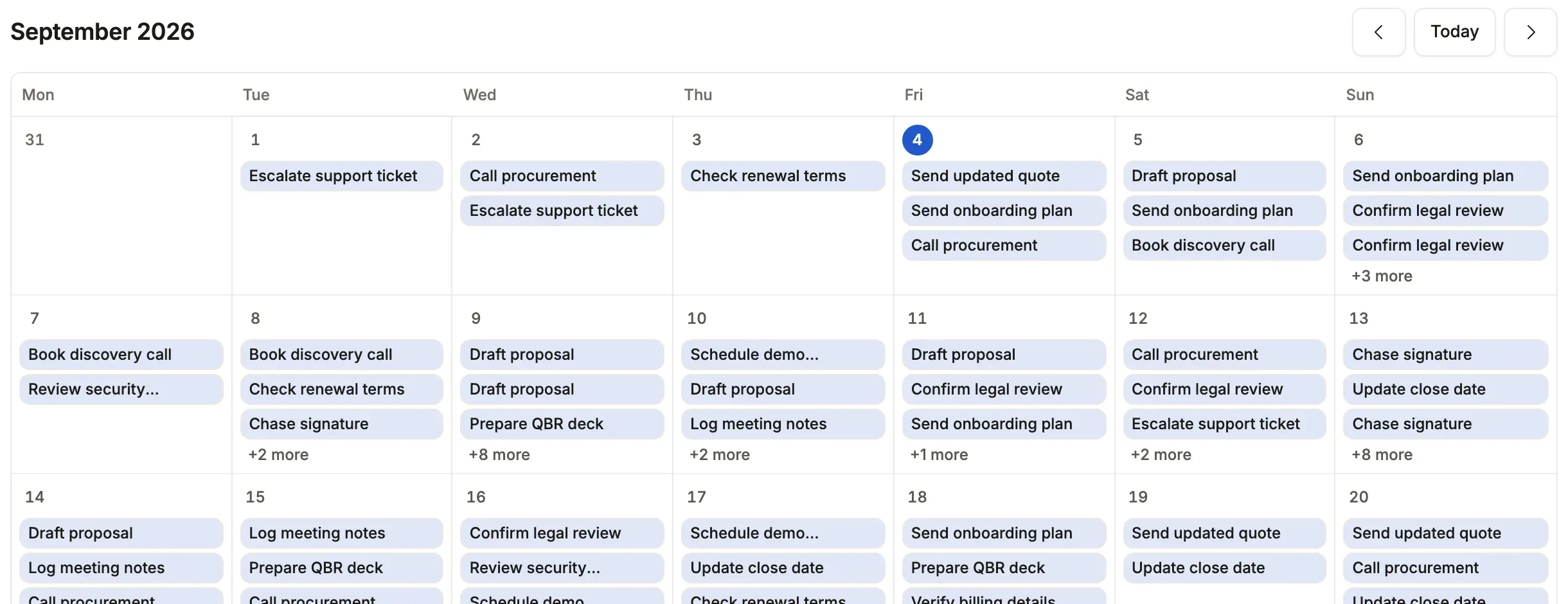 Compass: tasks on their due dates in a month grid.
