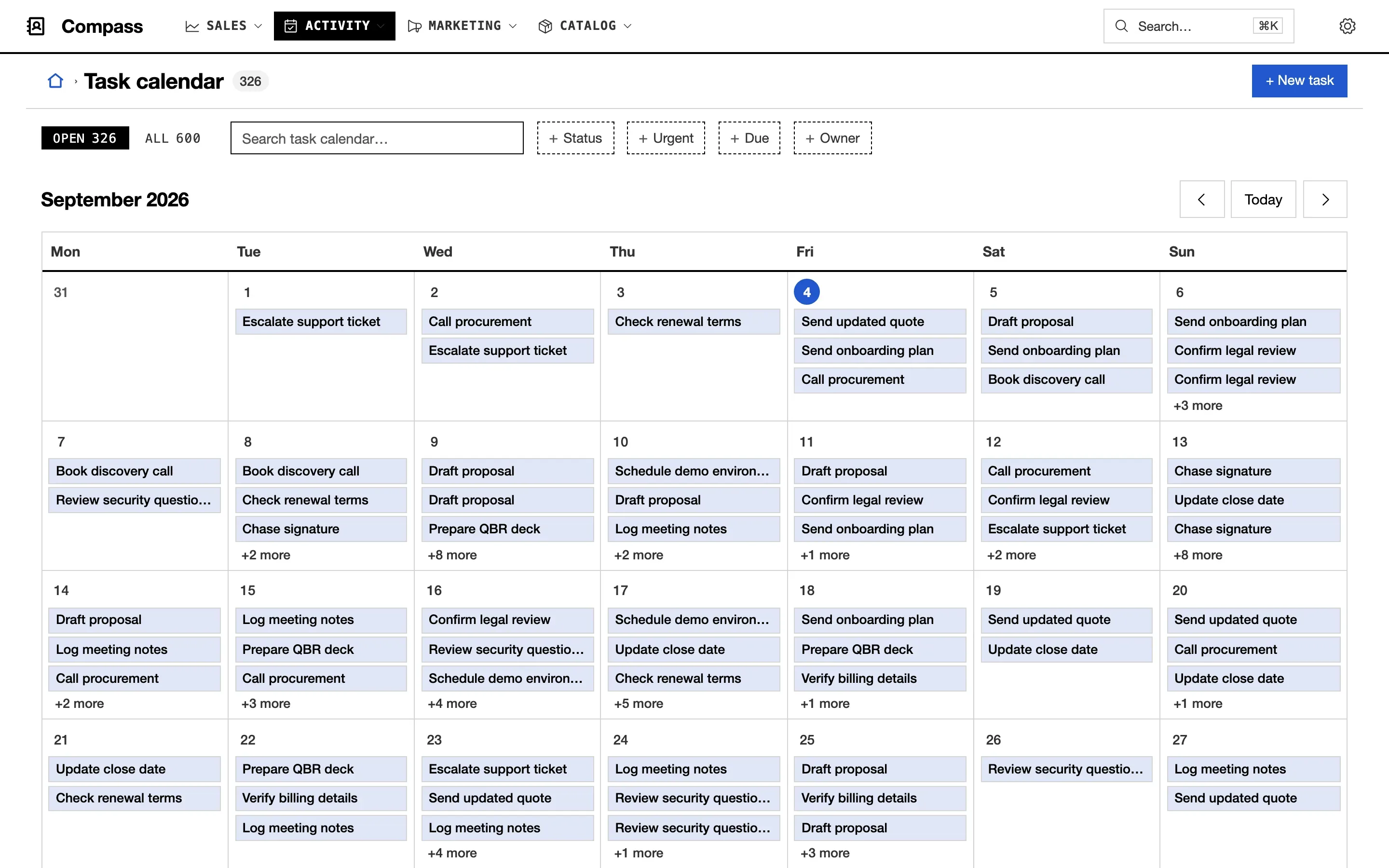Compass’s Task calendar: the open tasks on a month grid, three to a day and a count of the rest.