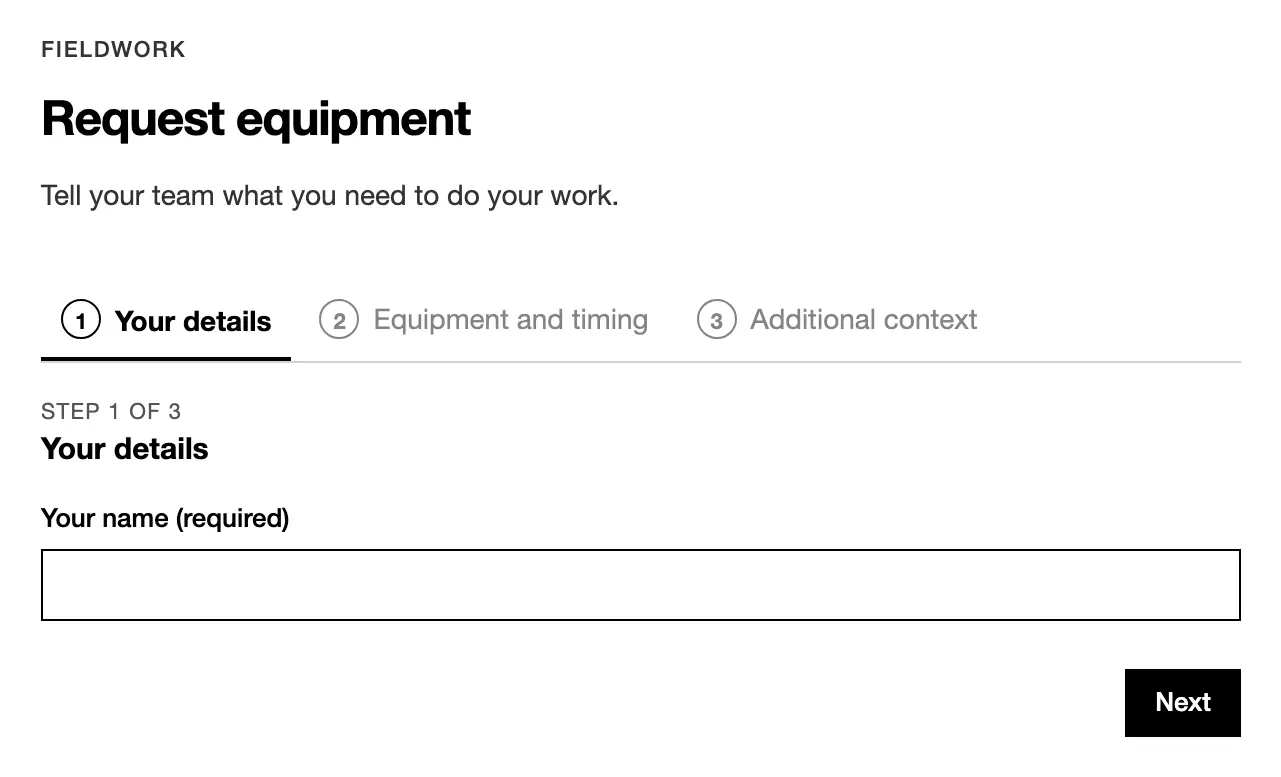A guided request form: a step indicator, labelled fields with hints, and Continue.