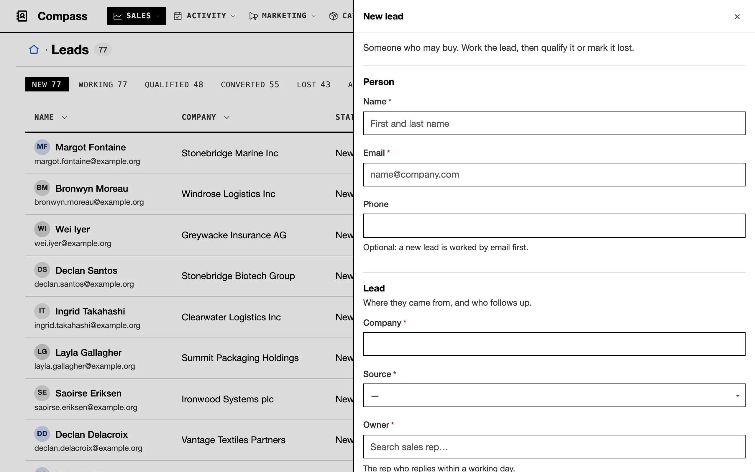 Compass’s New lead: a sentence of purpose, a Person group of name, email and phone with placeholders and help, then a Lead group with its own line of description.