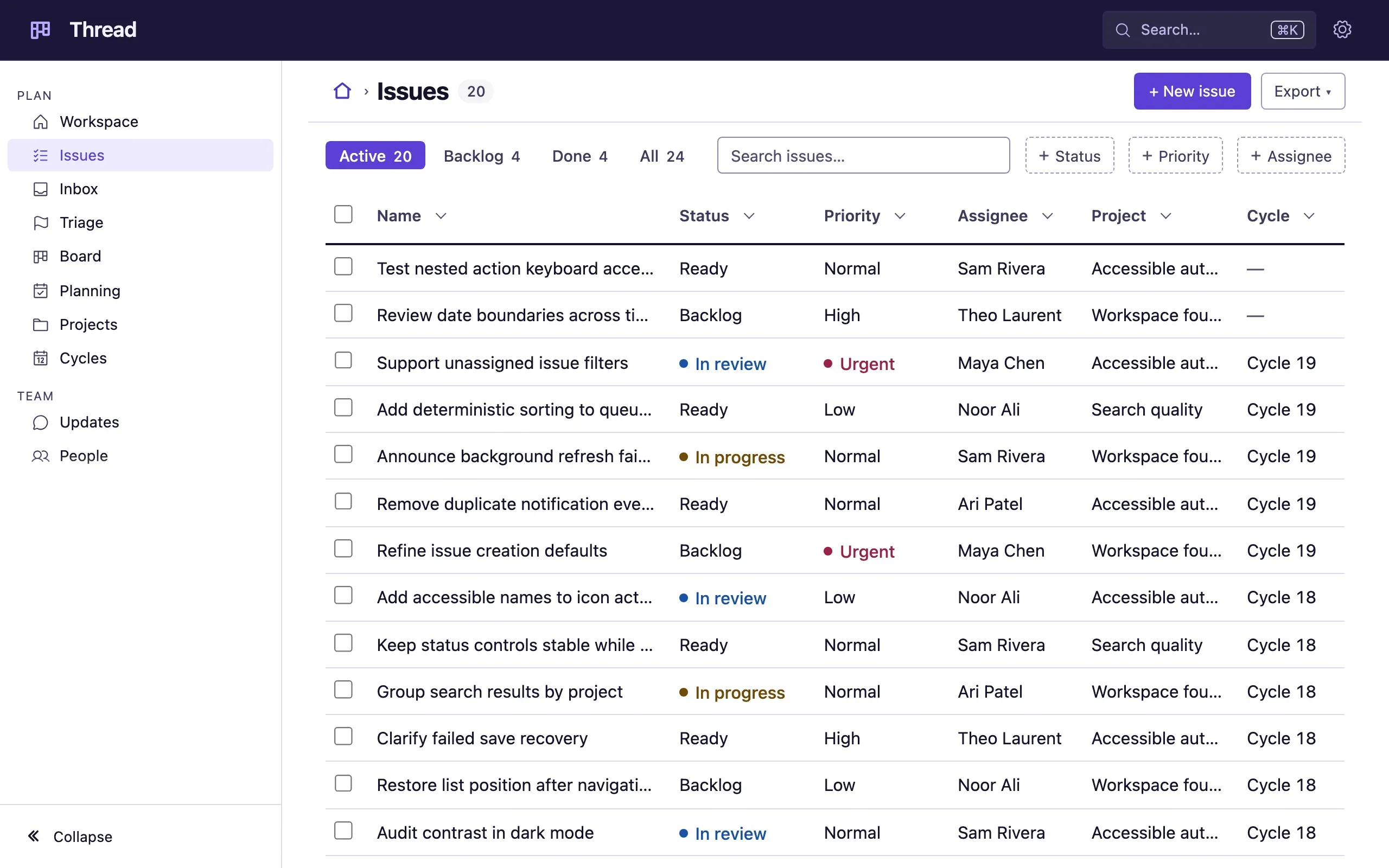 Thread’s Issues list in Iris: a deep indigo bar and a violet active tab.