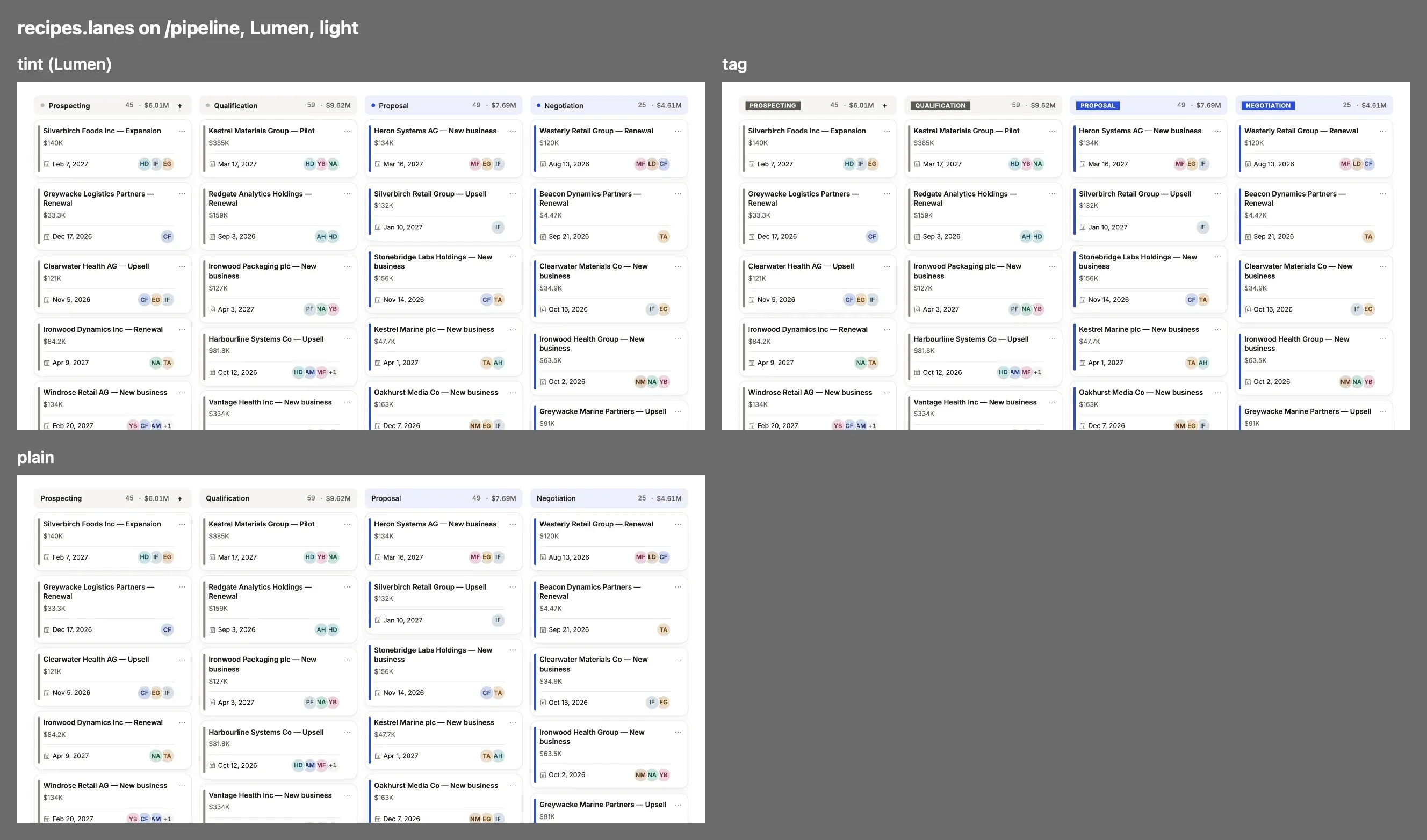 Each value of recipes.lanes on Compass, one thumbnail apiece under its name.