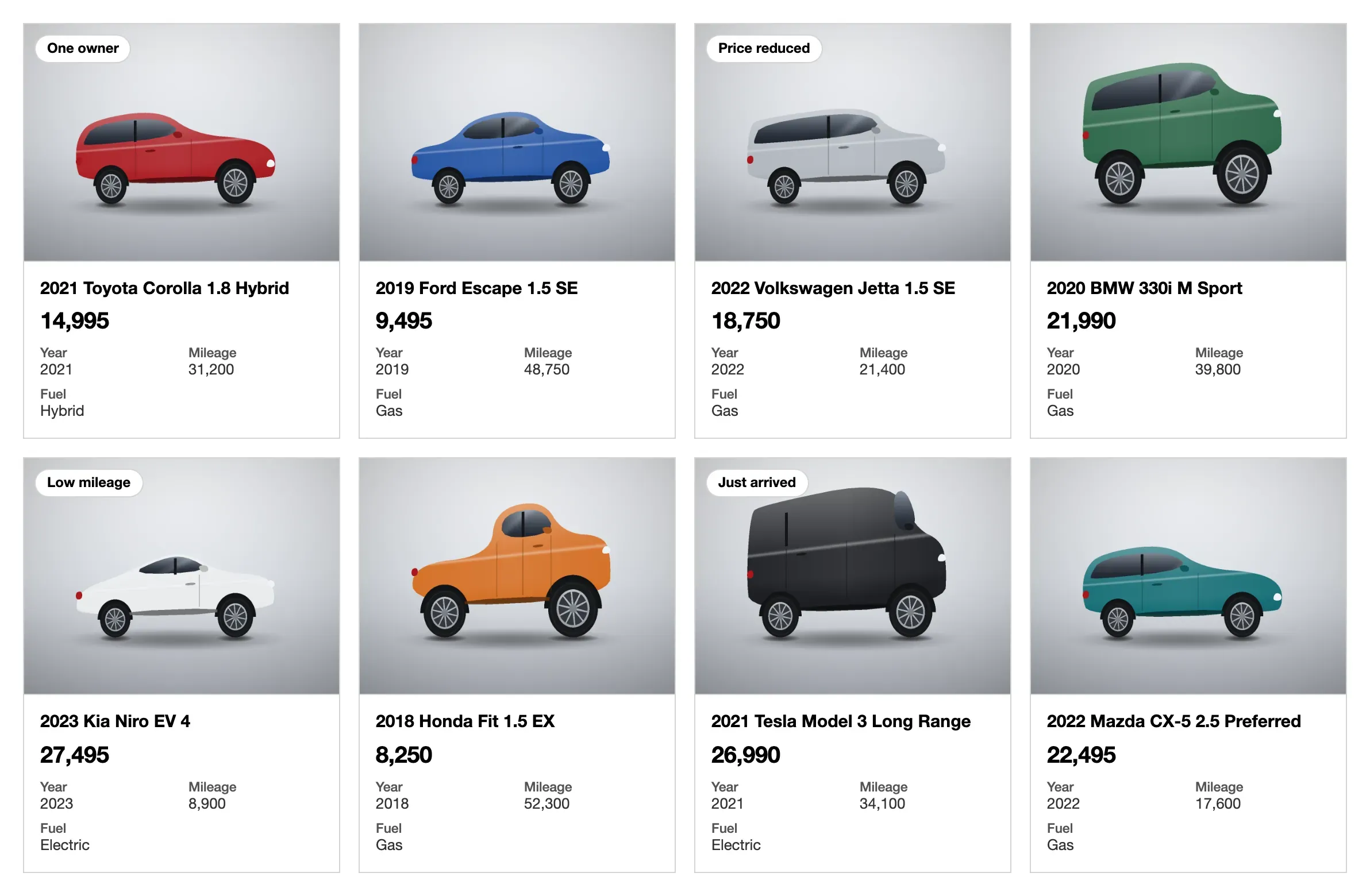 Vehicle cards: a photo, a title, a price and a line of facts on each.