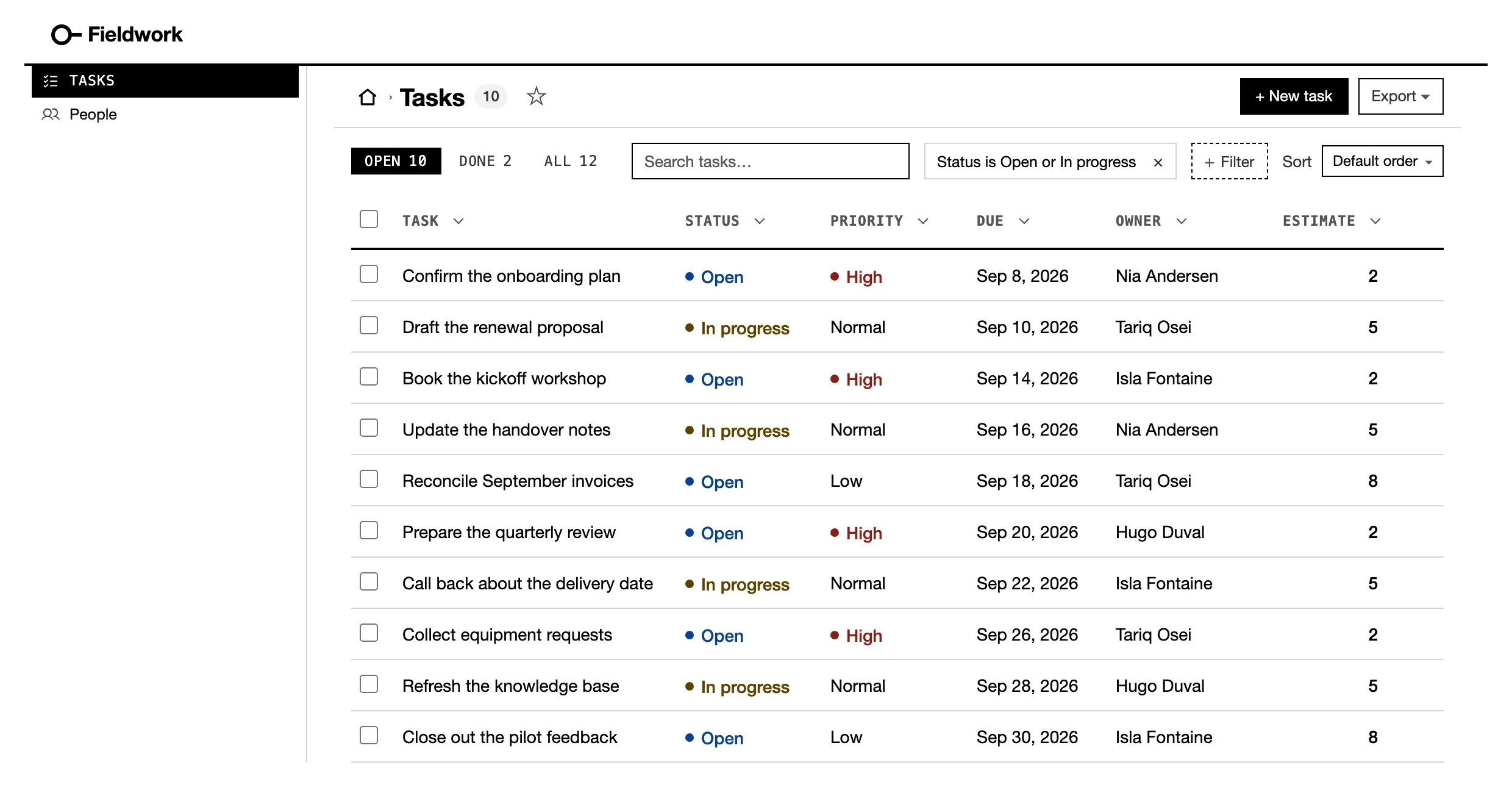 A task list in a grid: tabs with counts, a search box, a status filter chip, sortable column heads, and statuses as a dot and a word.