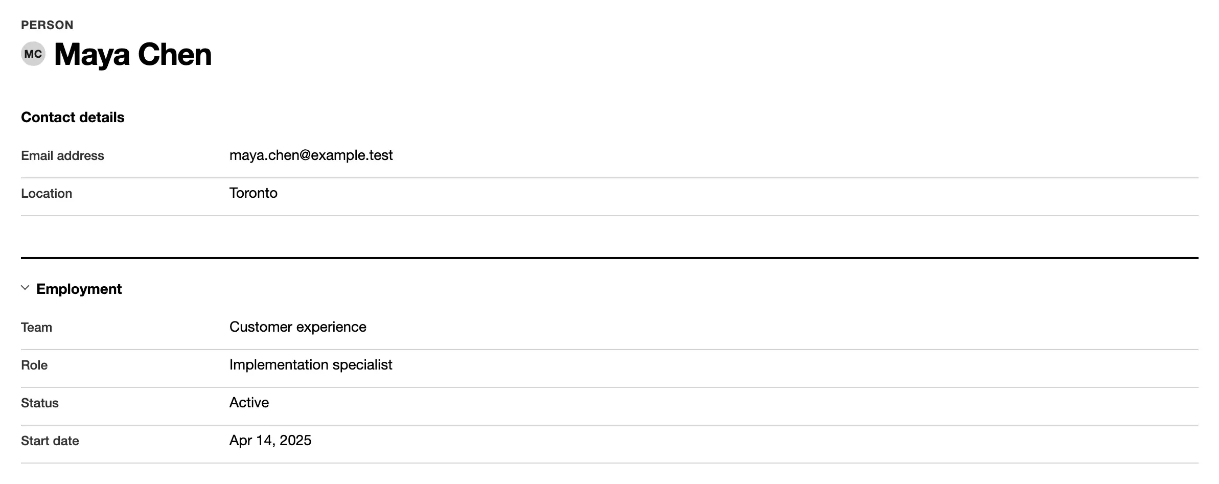 A record page: the record’s name, its fields grouped under headings, and a context column.