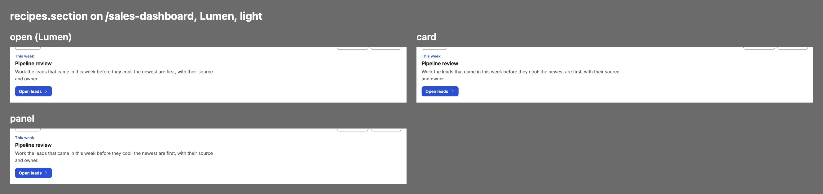 Each value of recipes.section on Compass, one thumbnail apiece under its name.