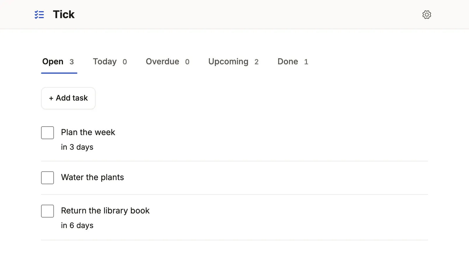 Tick: a checklist of open tasks, with counted tabs for Today, Overdue, Upcoming and Done, and an Add task button.
