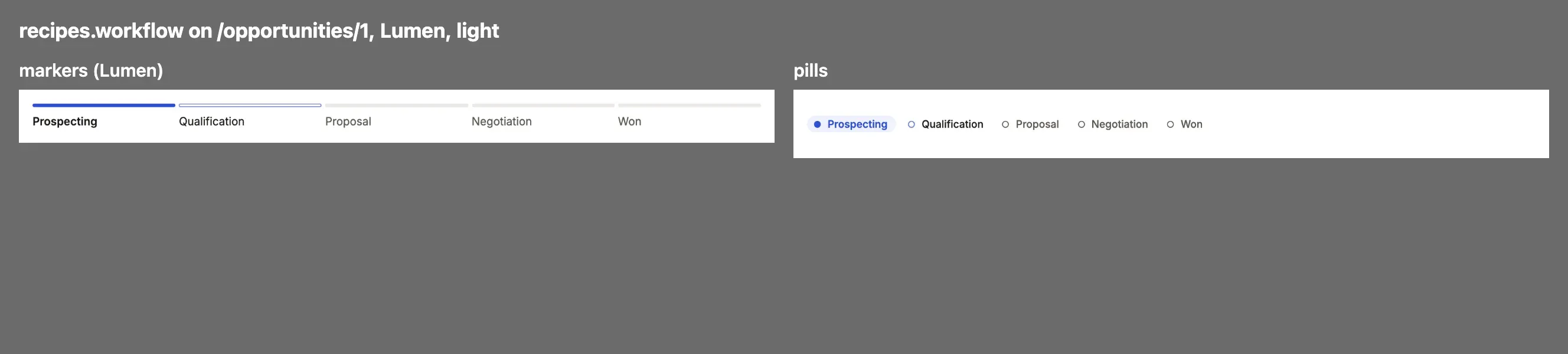 Each value of recipes.workflow on Compass, one thumbnail apiece under its name.